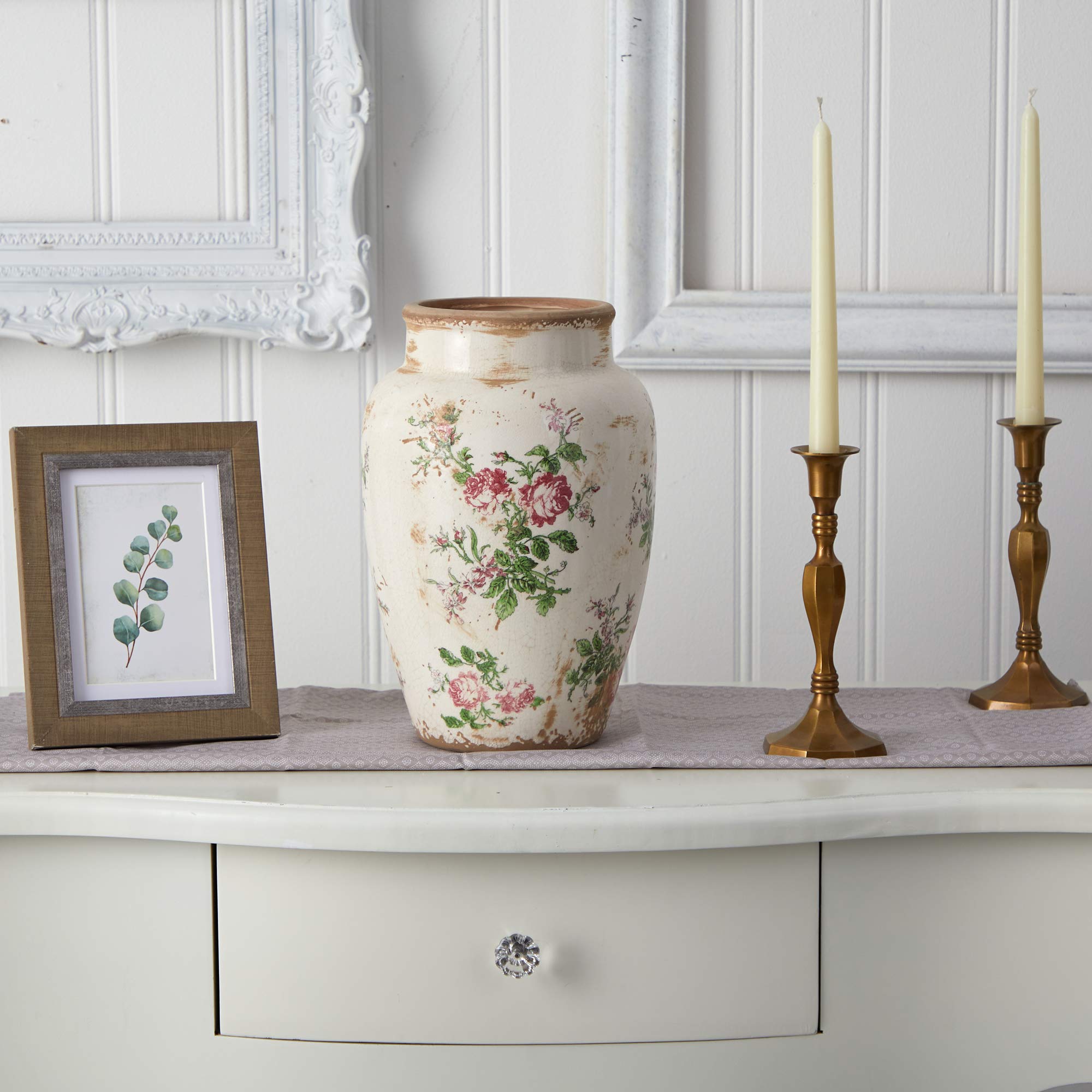 Nearly Natural 12.5 Inch Tuscan Ceramic Vase with Floral Print - Elegant Home Decor for Living Room, Dining Table, or Wedding Centerpiece