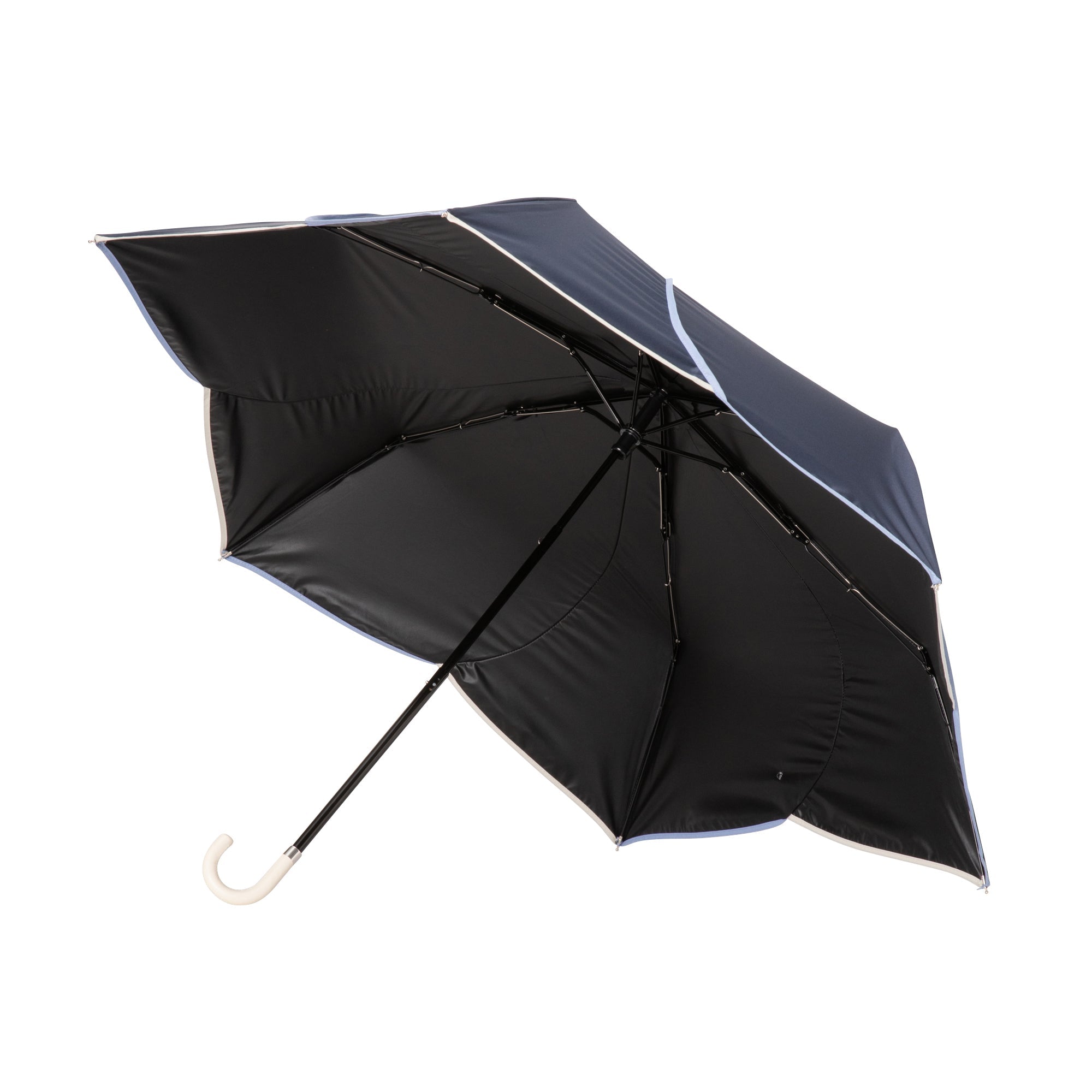 Bicolor Piping Compact Parasol Umbrella - Navy Blue & White Striped Sun Shade for Outdoor Beach, Garden, and Patio Use