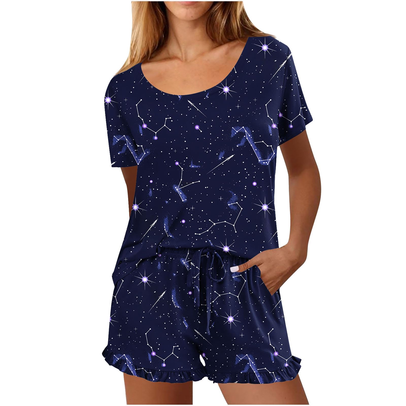 Women's 2-Piece Pajama Set - Short Sleeve Top & Drawstring Shorts for Summer Sleep & Lounge Wear