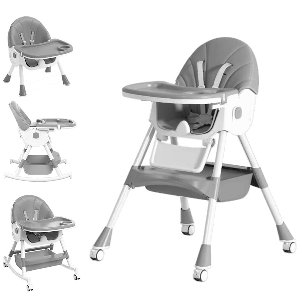 5-in-1 Foldable Baby High Chair with Adjustable Height & Recline - Portable Toddler Feeding Seat with Removable Tray, PU Cushion & Locking Wheels - Perfect for Home, Travel & Restaurant Use