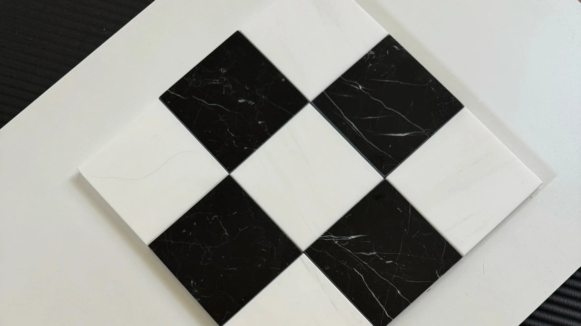 Bianco Dolomite Nero Marquina Checkerboard Tiles - Polished or Honed Marble Flooring for Kitchen, Bathroom & Living Room Decoration