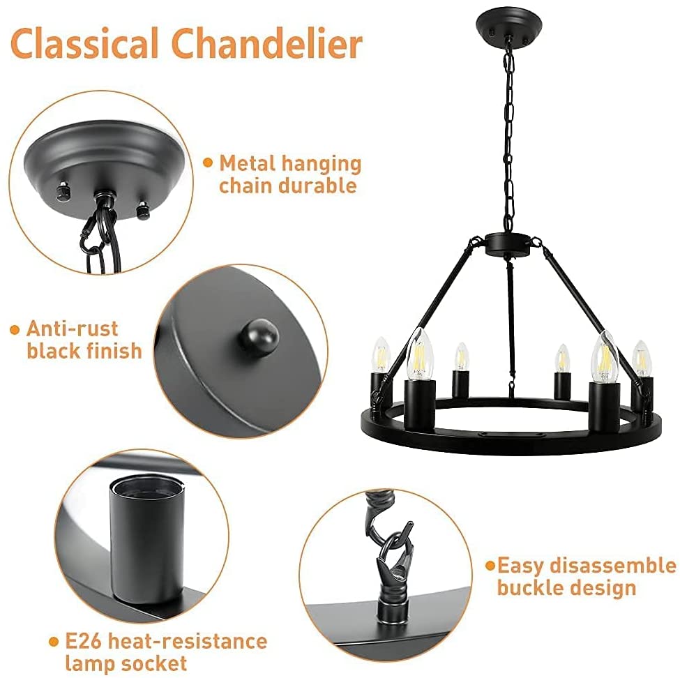 Depuley 6-Light Black Farmhouse Wagon Wheel Chandelier - Industrial Iron Kitchen Island Pendant Light Fixture - Round Ceiling Hanging Light for Dining Room, Living Room & Rustic Home Decor