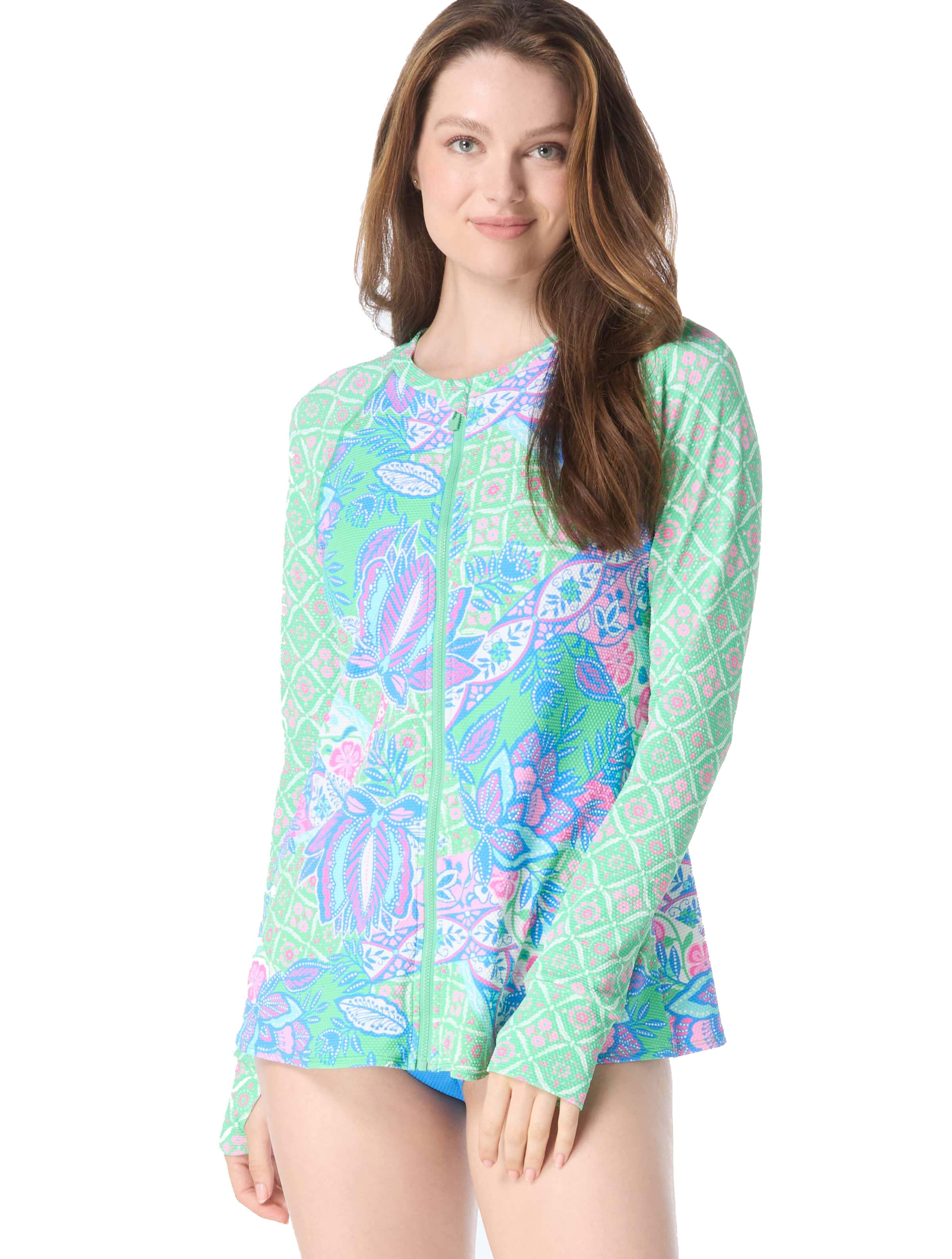 Estate Mosaic Pique Zip Front Rash Guard - UPF 50+ Sun Protection for Men & Women - Quick Dry Swim Shirt for Surfing, Swimming, Beach & Outdoor Activities