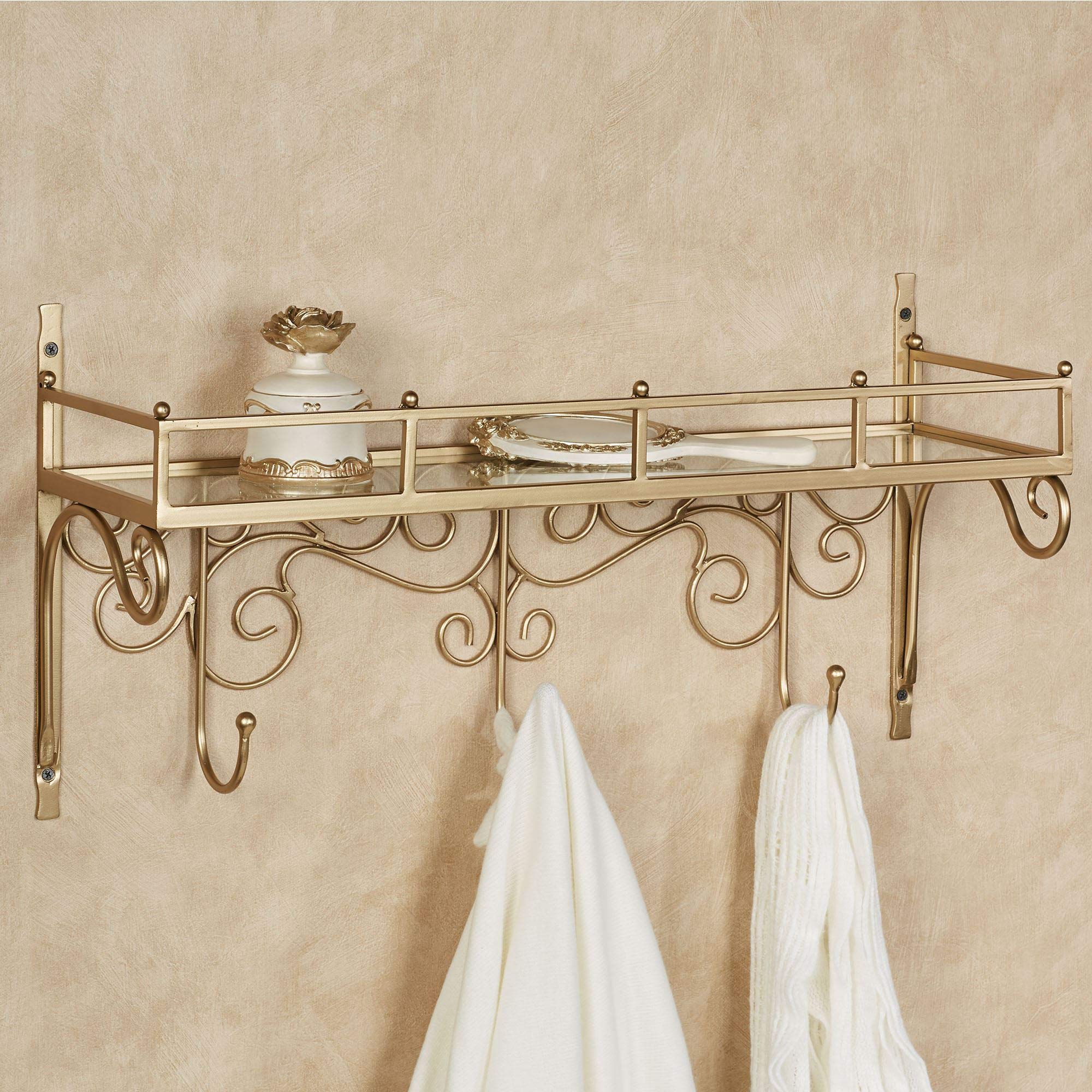 Classical Baldessaire Scrolling Openwork Metal Wall Shelf with Hooks - Gold 28