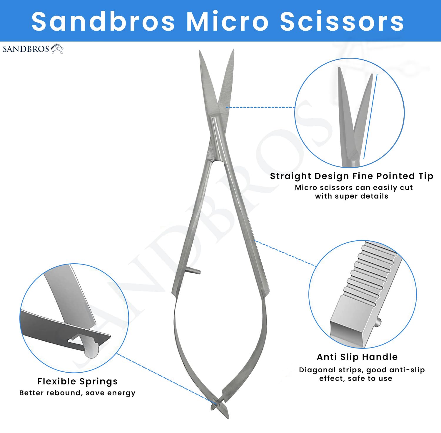 SANDBROS Professional Stainless Steel Straight Cuticle Scissors - Self-Opening Grooming & Nail Care Tool - Perfect for Manicures, Pedicures, Scrapbooking and Decoupage Crafts