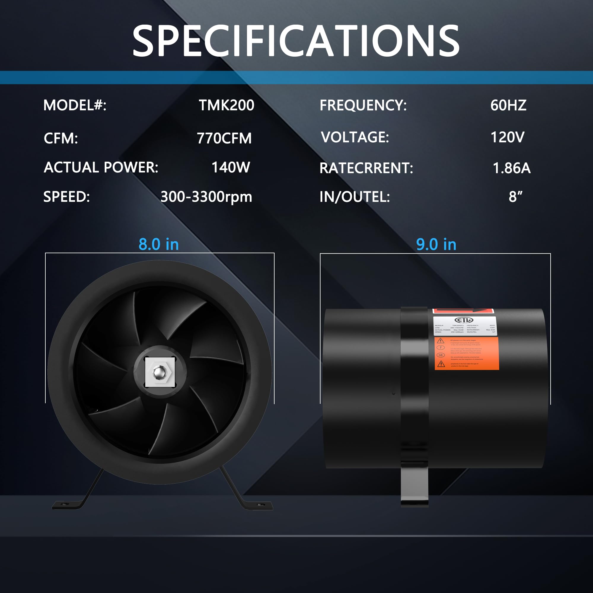 8 Inch Inline Duct Fan with Speed Controller - High Efficiency EC Motor Ventilation Exhaust Fan for Grow Tents, Hydroponics, HVAC Systems | Heating & Cooling Booster with NSK/SKF Bearings, ETL Certified | Perfect for Home Ventilation, Greenhouse Air Circulation & Indoor Gardening
