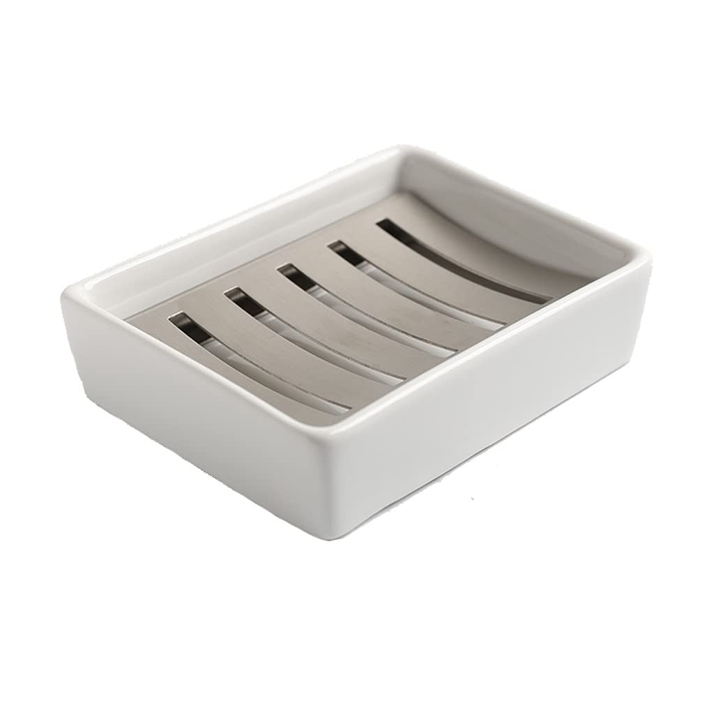 Ceramic Soap Dish with Stainless Steel Holder - Double Layer Draining Soap Tray for Bathroom, Shower & Kitchen - White & Steel Design - Perfect for Keeping Countertops Dry and Organized