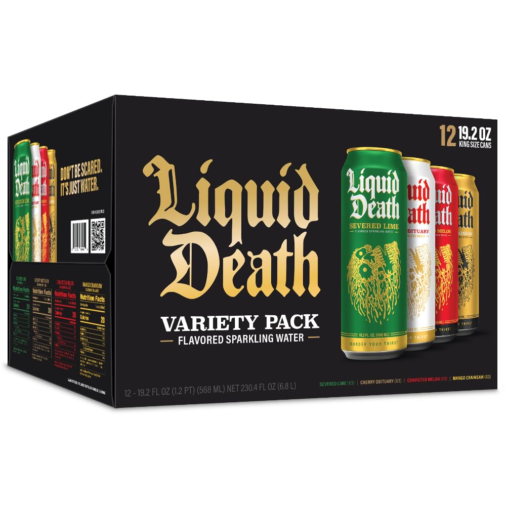 Liquid Death Sparkling Water Variety Pack - Lime, Mango, Melon & Cherry Flavors | 19.2 Oz King Size Cans (12-Pack) | Refreshing Hydration for Parties, Workouts & Outdoor Adventures