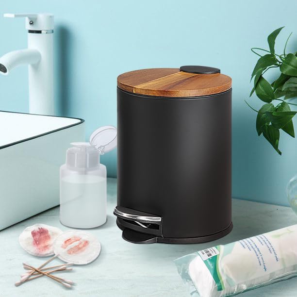 SunnyPoint 3L Mini Trash Can with Wooden Lid - Step Pedal & Slow-Close Small Garbage Bin for Bathroom, Office, Kitchen, RV - Removable Inner Bucket (Black) | Perfect for Small Spaces, Home Decor & Waste Management