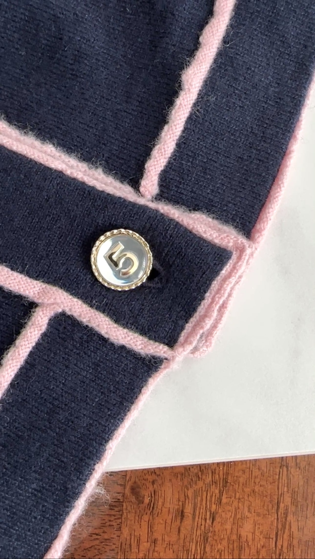 Chanel 21S Navy and Pink No. 5 Cashmere Cardigan Sweater Women's Size FR42 / US10 - Luxury Knitwear for Fall & Winter Fashion, Office Wear & Special Occasions