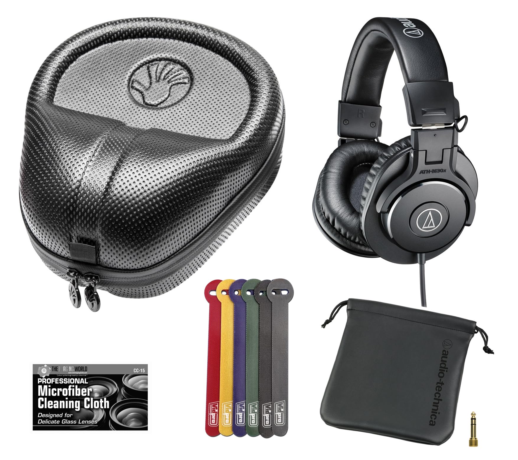 Audio-Technica ATH-M30x Professional Studio Monitor Headphones (Black) with Slappa HardBody PRO Headphone Case, Cable Ties & Microfiber Cloth - Perfect for Music Production, Podcasting & Travel