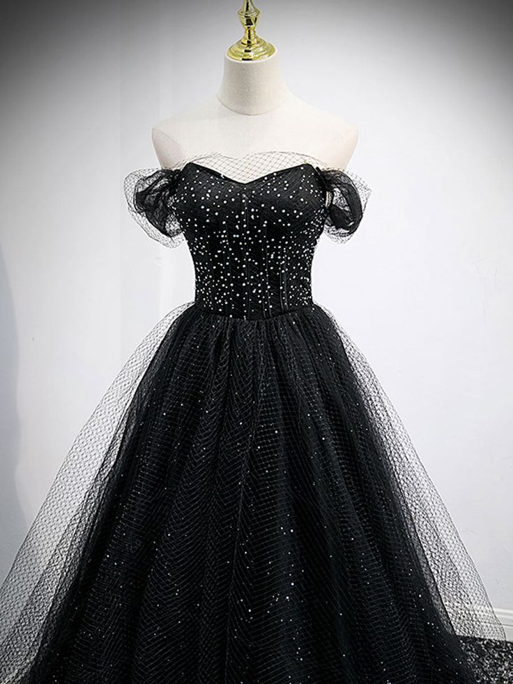 Elegant Off-The-Shoulder Shiny Tulle Long Prom Dress - A-Line Black Evening Gown for Formal Events & Special Occasions | Perfect for Homecoming, Wedding Guest & Red Carpet
