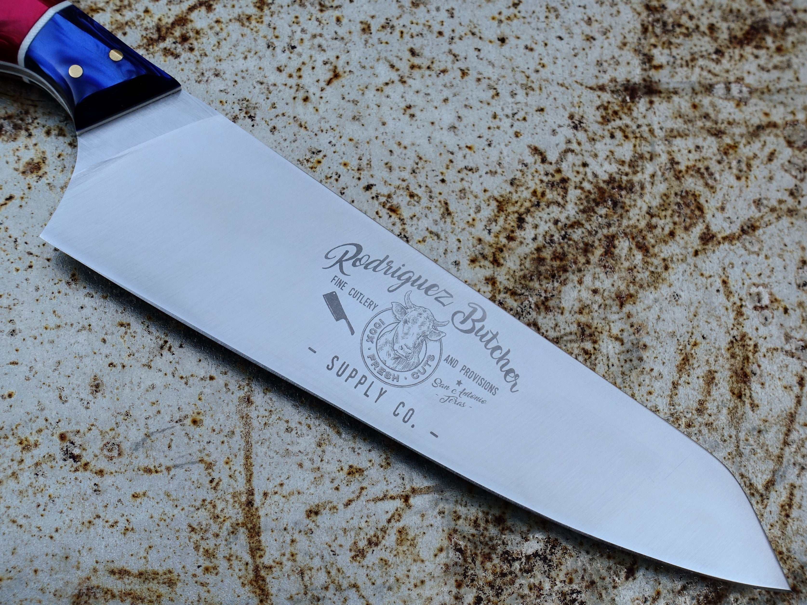 APOSL 8-Inch Professional Chef Knife with Red and Blue Kirinite Handle - Sharp Kitchen Knife for Slicing, Dicing & Chopping - Perfect for Home Cooks & Professional Chefs