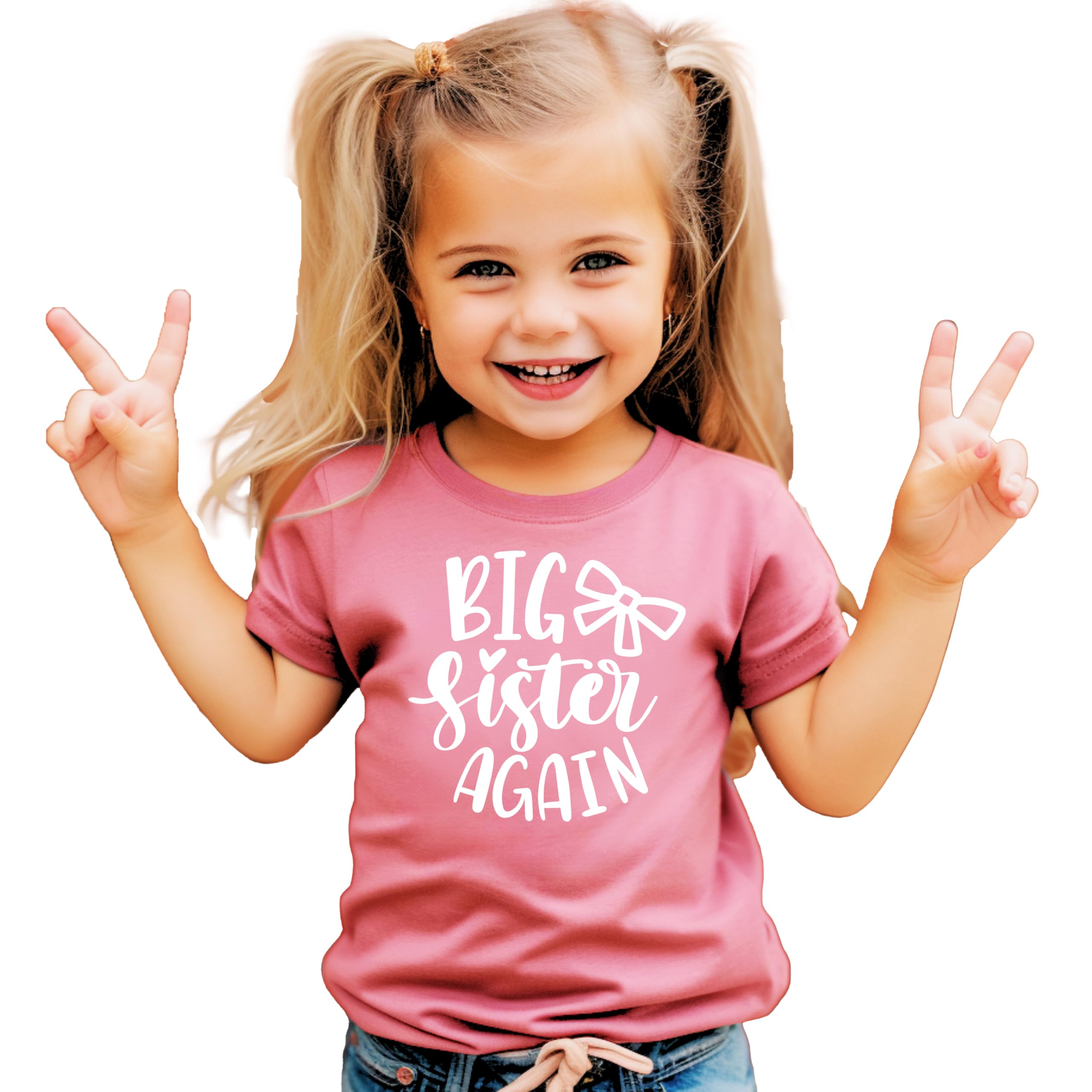 Olive Loves Apple Big Sister Again Bow Sibling Reveal Birth Announcement T-Shirts for Girls - Cute Matching Outfits for Newborn Baby & Toddler Sisters