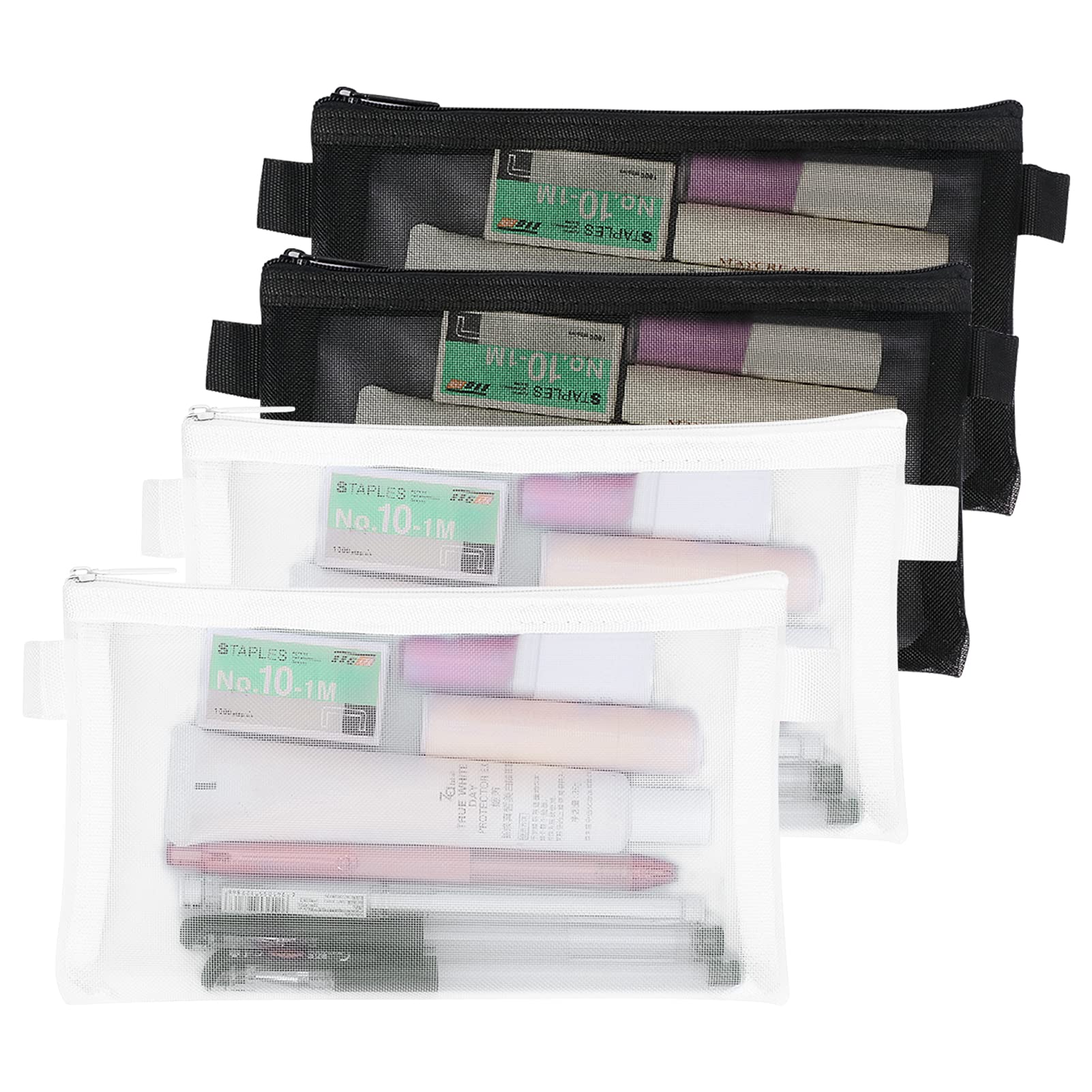 Skycase Multifunctional Mesh Pen Bag Organizer - 4 Pack Zippered Clear Pencil Cases for School, Office & Travel - Perfect for Stationery, Cosmetics & Makeup Storage (Large, White & Black) - Ideal for Backpack Organization, Makeup Travel Kit & Office Desk Accessories