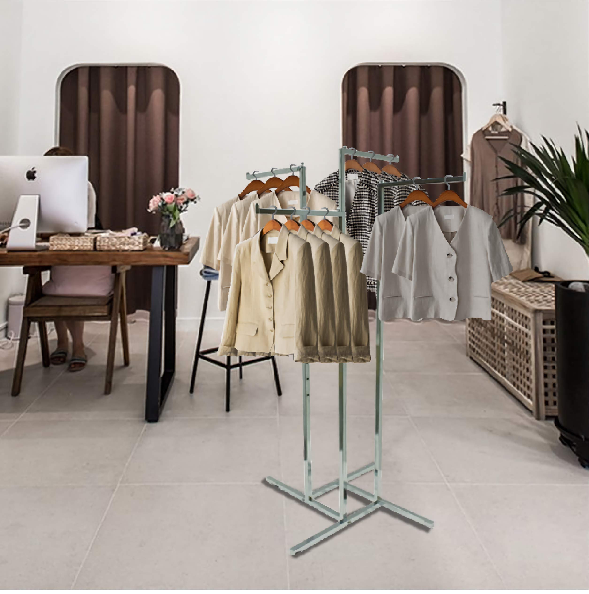 HK FIXTURES Industrial Chrome 4-Way Garment Rack - Heavy Duty Commercial Clothing Display with 4 Straight Arms for Retail Stores, Boutiques & Warehouse Use | Perfect for Organizing Clothes, Uniforms & Seasonal Displays