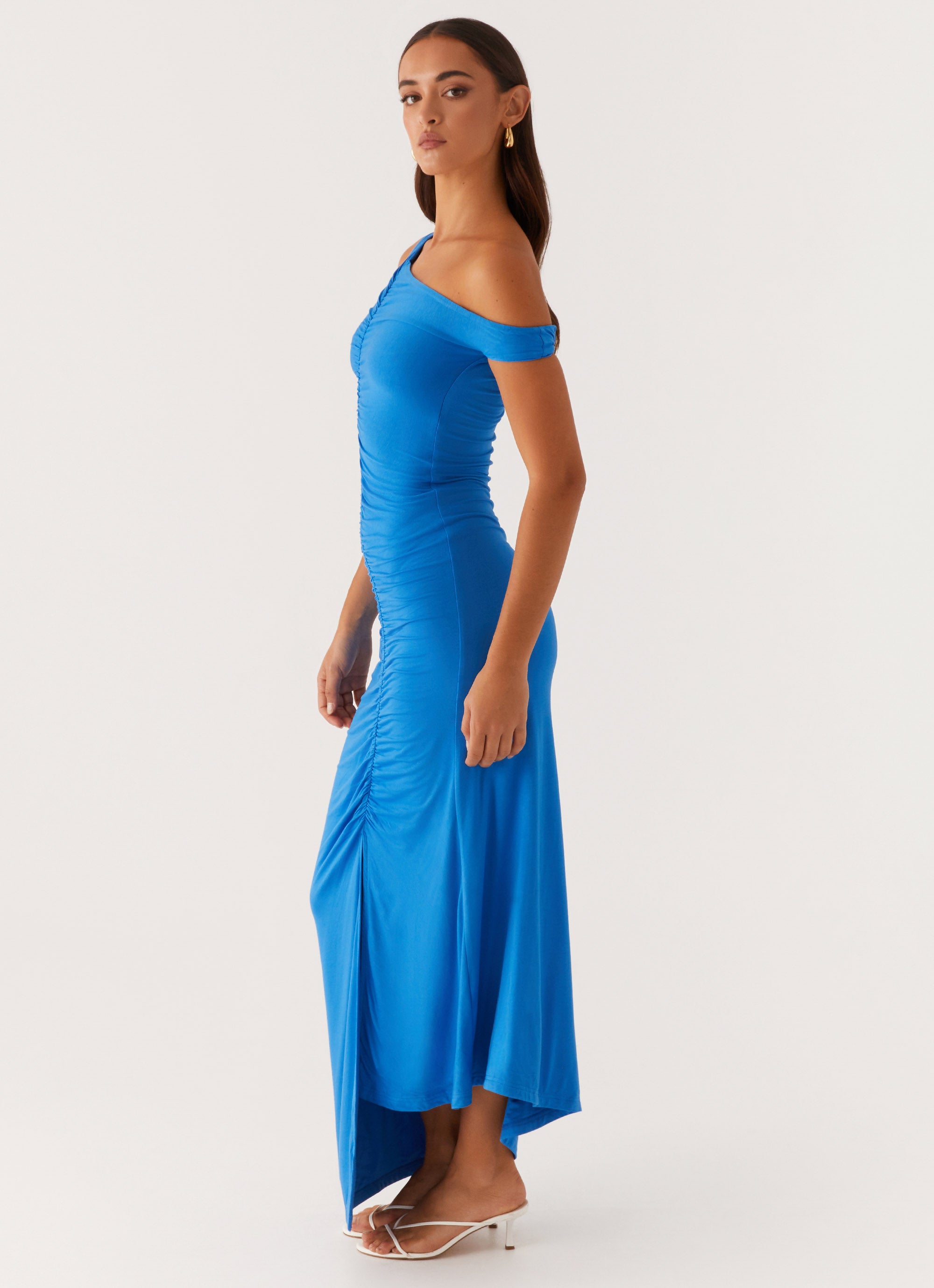 Anaya Ruched Asymmetrical Maxi Dress in Azure Blue - Elegant Long Evening Gown for Weddings, Parties & Special Occasions