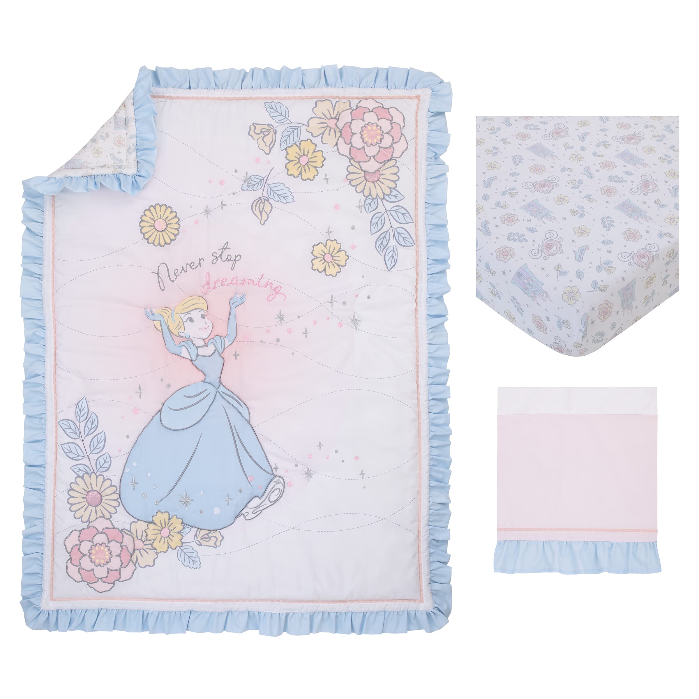 Disney Cinderella 3-Piece Nursery Crib Bedding Set - Light Blue Pink White Comforter, 100% Cotton Fitted Sheet & Crib Skirt | Sweet Princess Theme Baby Girl Room Decor for Newborns & Toddlers
