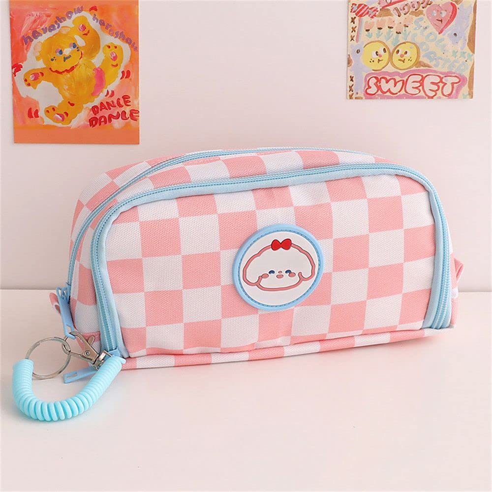 Kawaii Bear Pencil Case - Cute Cartoon Checkerboard Canvas Pen Holder, School Stationery Storage Pouch for Kids & Teens (Pink) | Perfect for School, Office & Art Supplies Organization