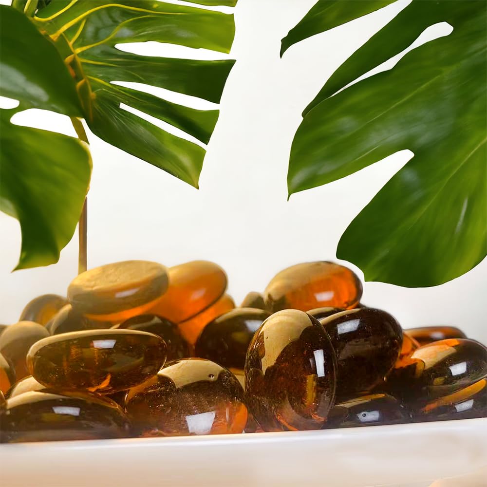 HappyFiller Dark Amber Glass Gems - 5 LB Flat Marbles with Inspirational Stones for Vase Fillers, Fire Pit, Fireplace & Crafts - Perfect for Home Decor, Wedding Centerpieces & DIY Projects