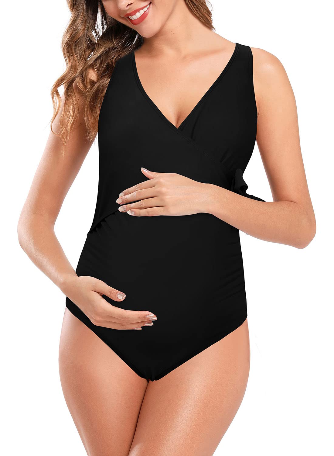 SHEKINI Women's V-Neck Maternity One Piece Swimsuit with Bow Knot Side - Comfortable Pregnancy Swimwear for Beach, Pool & Vacation
