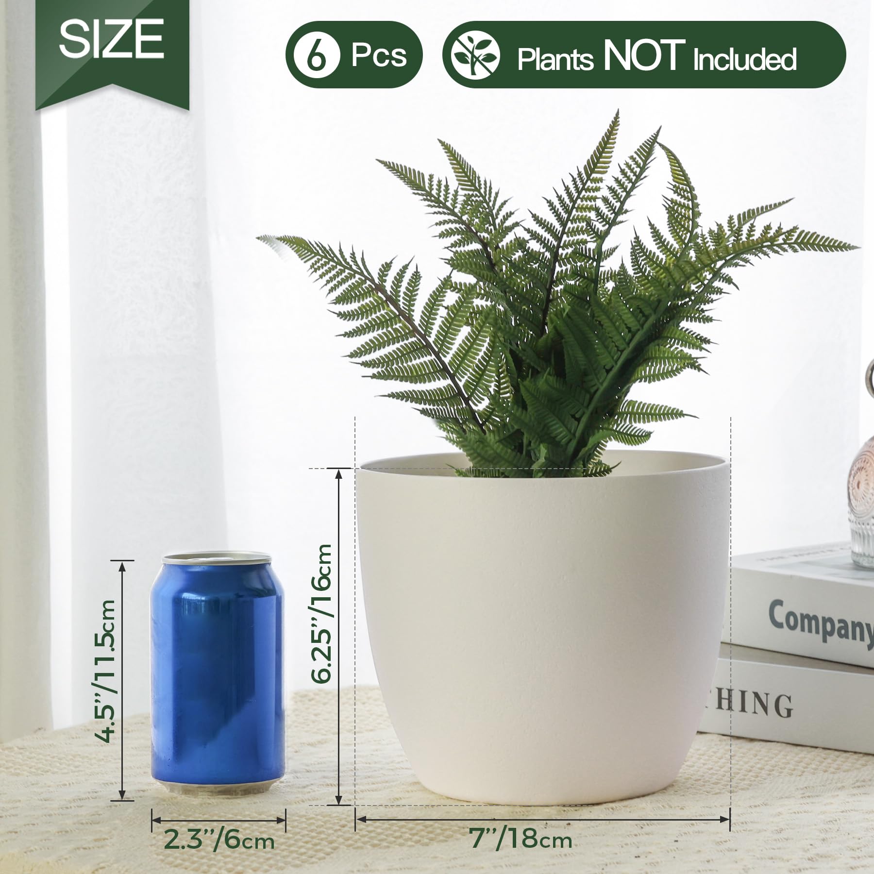 T4U 7 Inch Self Watering Planters - White Plastic Flower Pots Set of 6 | Modern Decorative Indoor/Outdoor Plant Pots for House Plants, Herbs, Succulents, African Violets | Perfect for Windowsill, Balcony, Garden & Home Decor