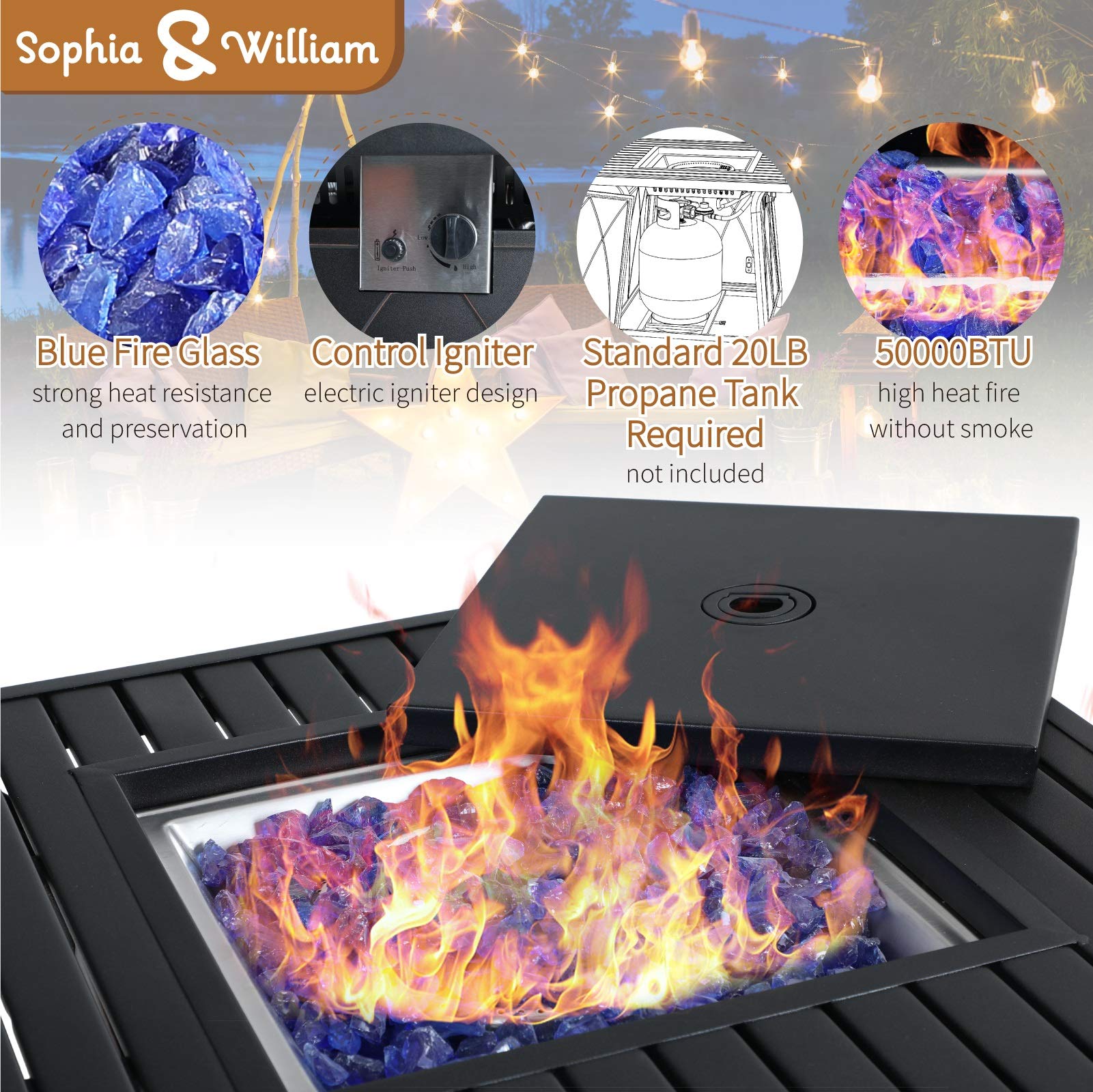 Sophia & William 5-Piece Outdoor Dining Set - Metal Patio Table with Gas Fire Pit & 4 Stackable Chairs (Black) - Perfect for Backyard BBQs, Garden Parties & Cozy Evenings