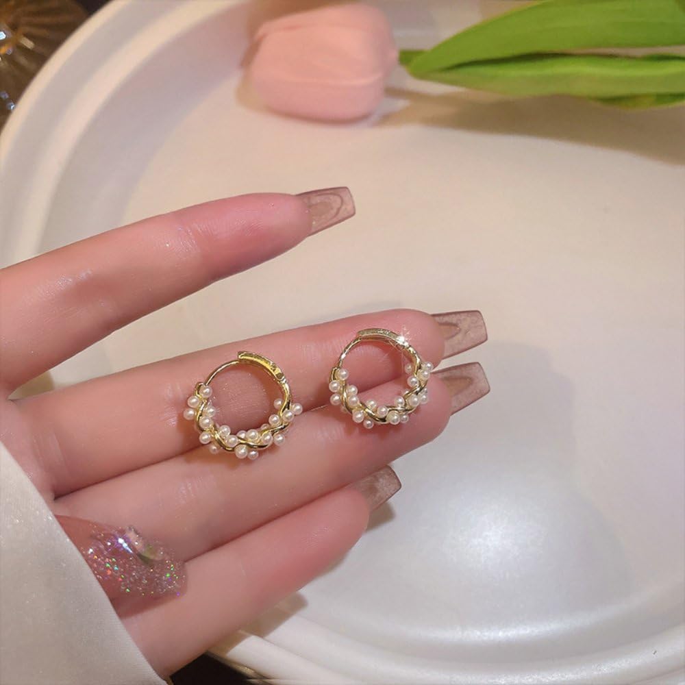 Trendy Chunky Gold Pearl Hoop Earrings for Women - Sterling Silver Twisted Hoops - Perfect for Parties, Weddings & Everyday Wear
