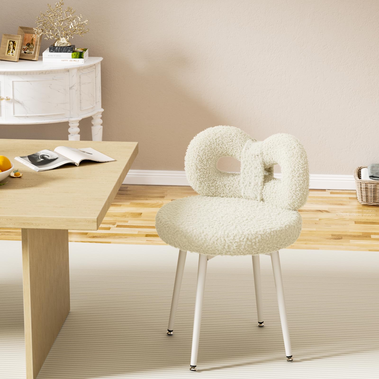 ROOMTEC Small Swivel Vanity Chair with Back - Comfy Armless Makeup Stool for Girls, Modern Bedroom & Living Room Accent Chair for Reading, Dressing Table, Home Office (White)