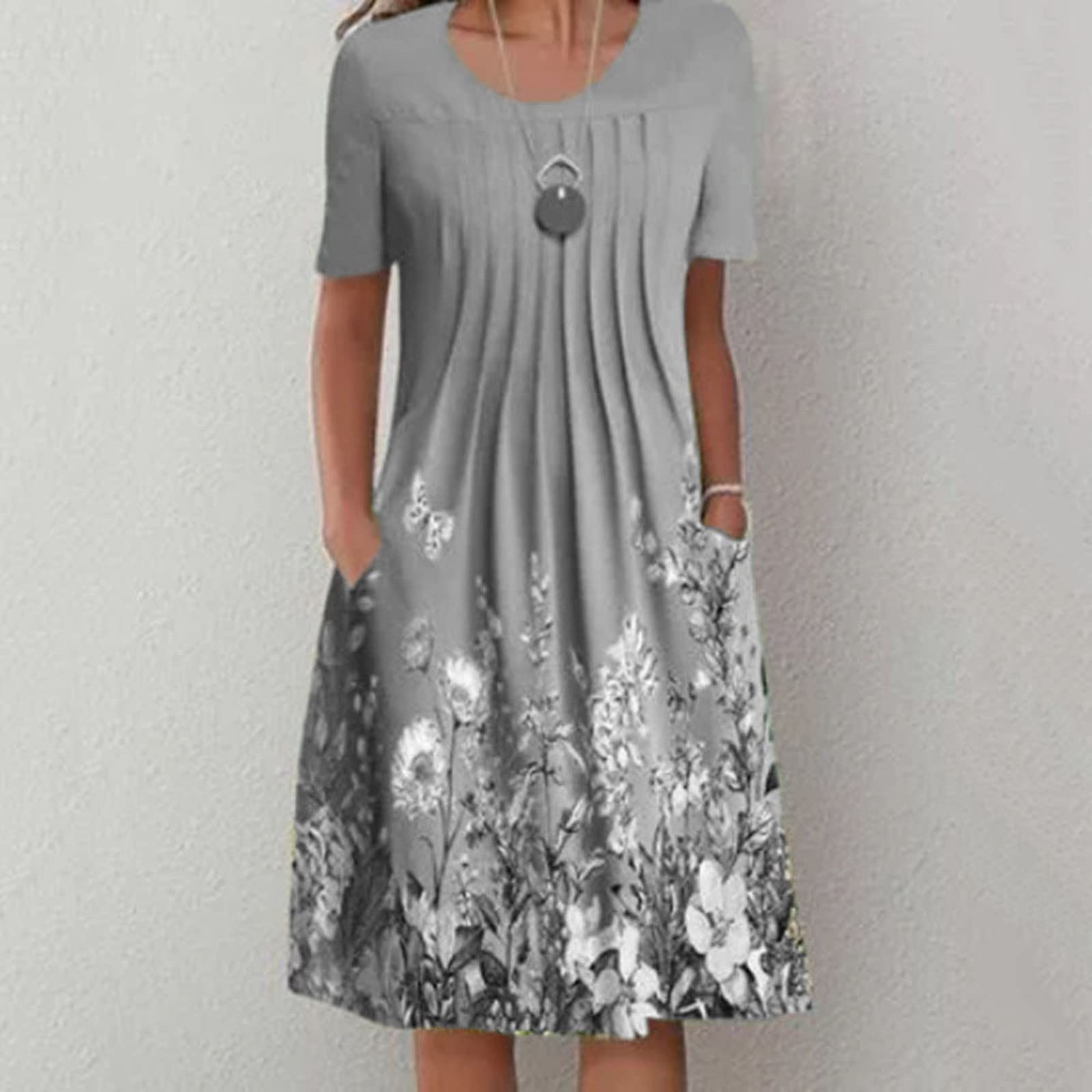 Plus Size Women's Sun Dresses - Pullover Loose Flowy Dress with Round Neck & Floral Print - Short & Long Length Options for Casual, Beach & Summer Occasions