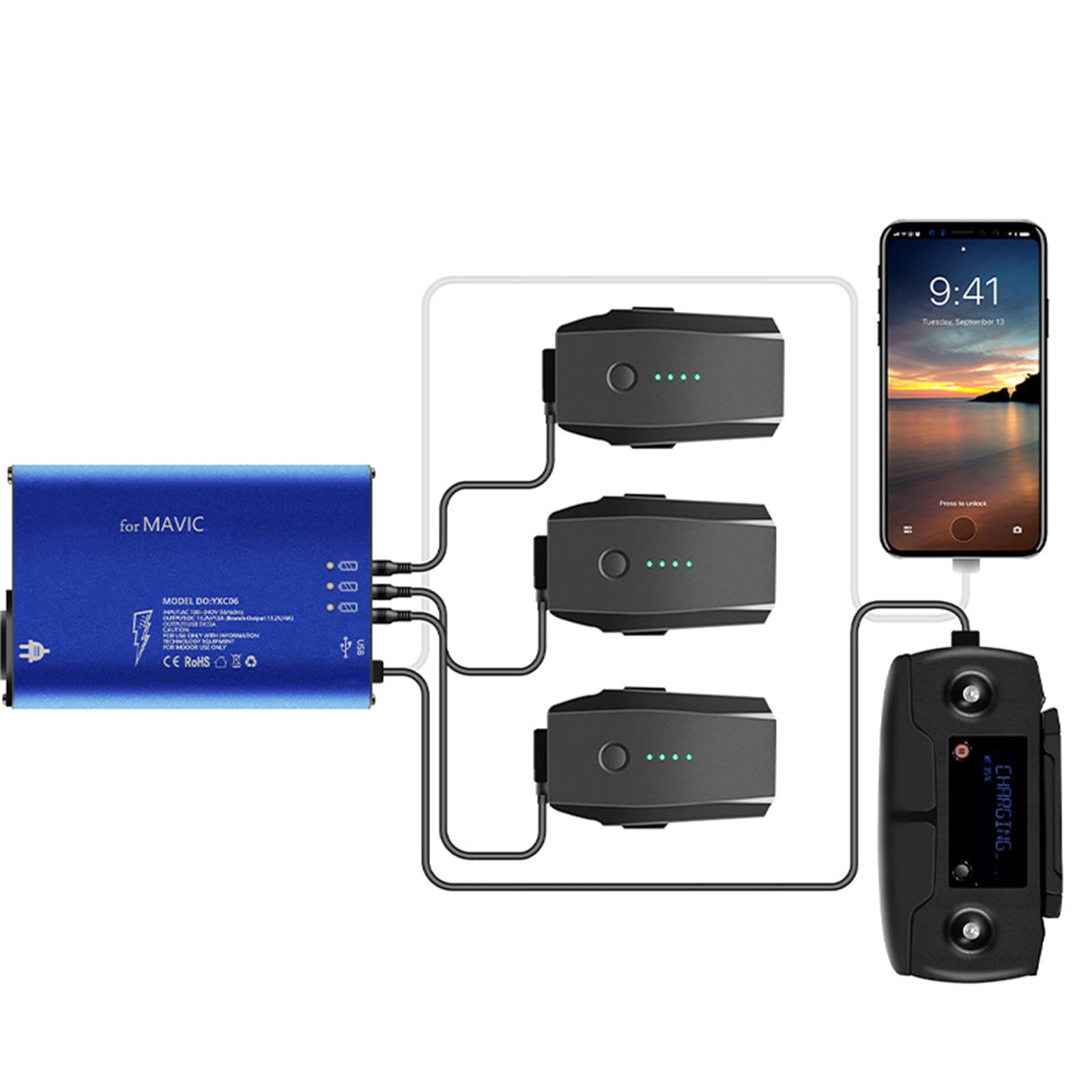 DJI Mavic Pro 5-in-1 Smart Battery Charger Hub - Fast Charging Station for Drone Batteries & Remote Controller - Perfect for Travel, Outdoor Adventures & Professional Aerial Photography