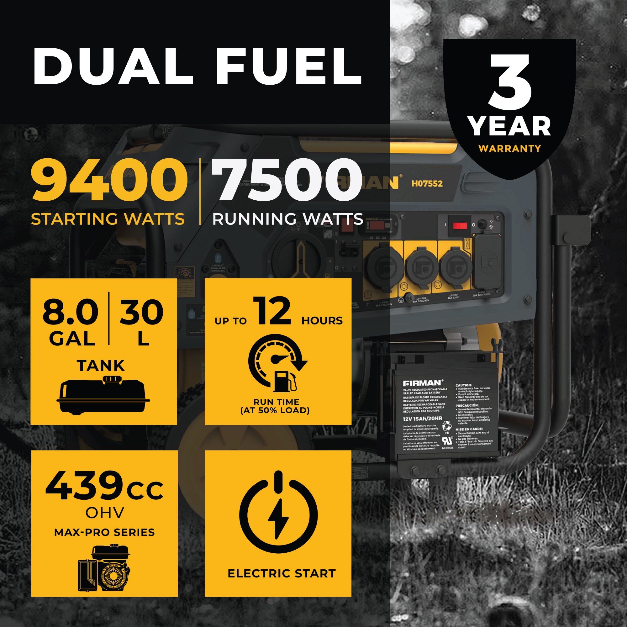 7500W Dual Fuel Portable Generator with Electric Start - 120/240V Output for Camping, Home Backup & Outdoor Power Supply