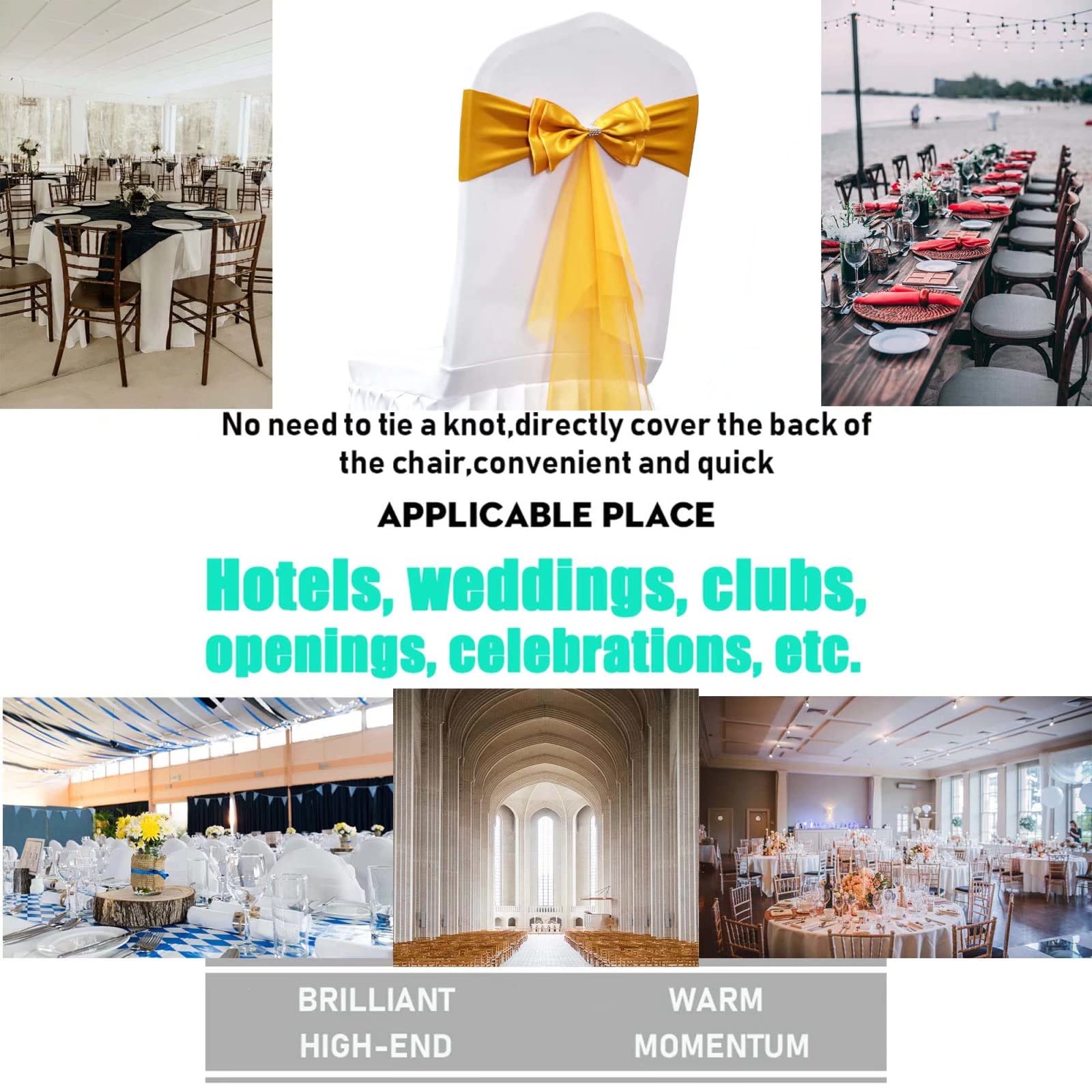 Stretch Spandex Chair Sashes - 100pcs Gold Polyester Chair Ribbons & Bows for Wedding, Banquet, Party Decorations | Perfect for Hotel Events, Bridal Showers & Reception Chair Decor