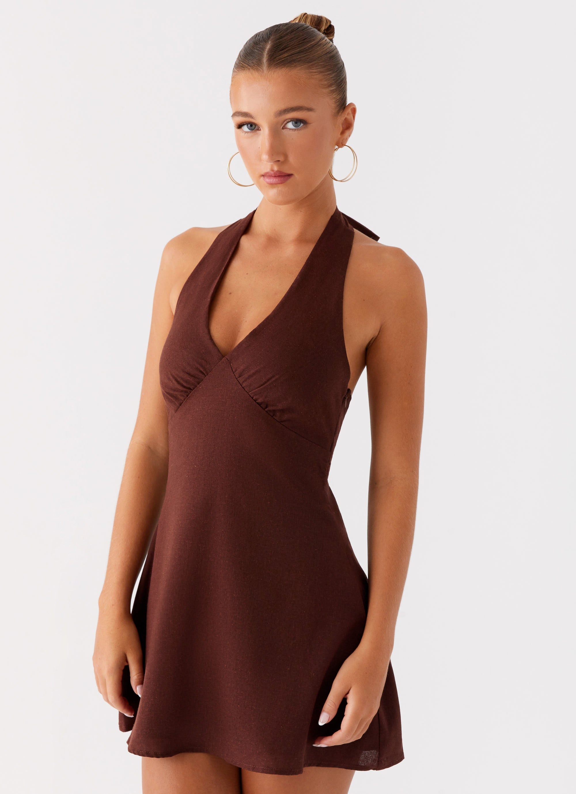 Heavy Hearted Linen Mini Dress in Brown - Boho Chic Summer Outfit for Beach, Date Night & Casual Wear
