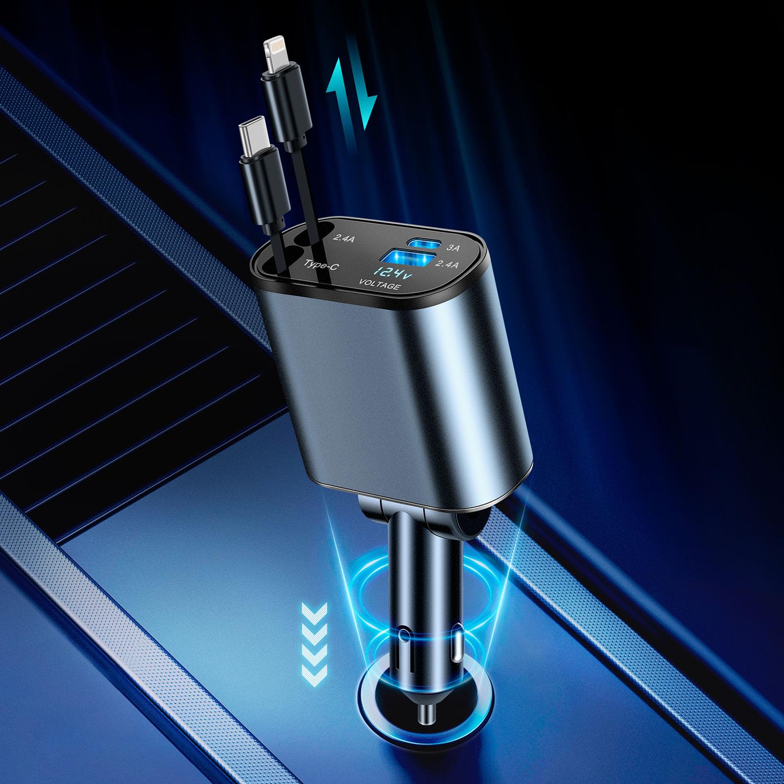 66W Fast Retractable Car Charger with USB C Ports - 4-in-1 Smart Phone Charger Adapter for iPhone & Android - Perfect for Road Trips, Commuting & Emergency Charging