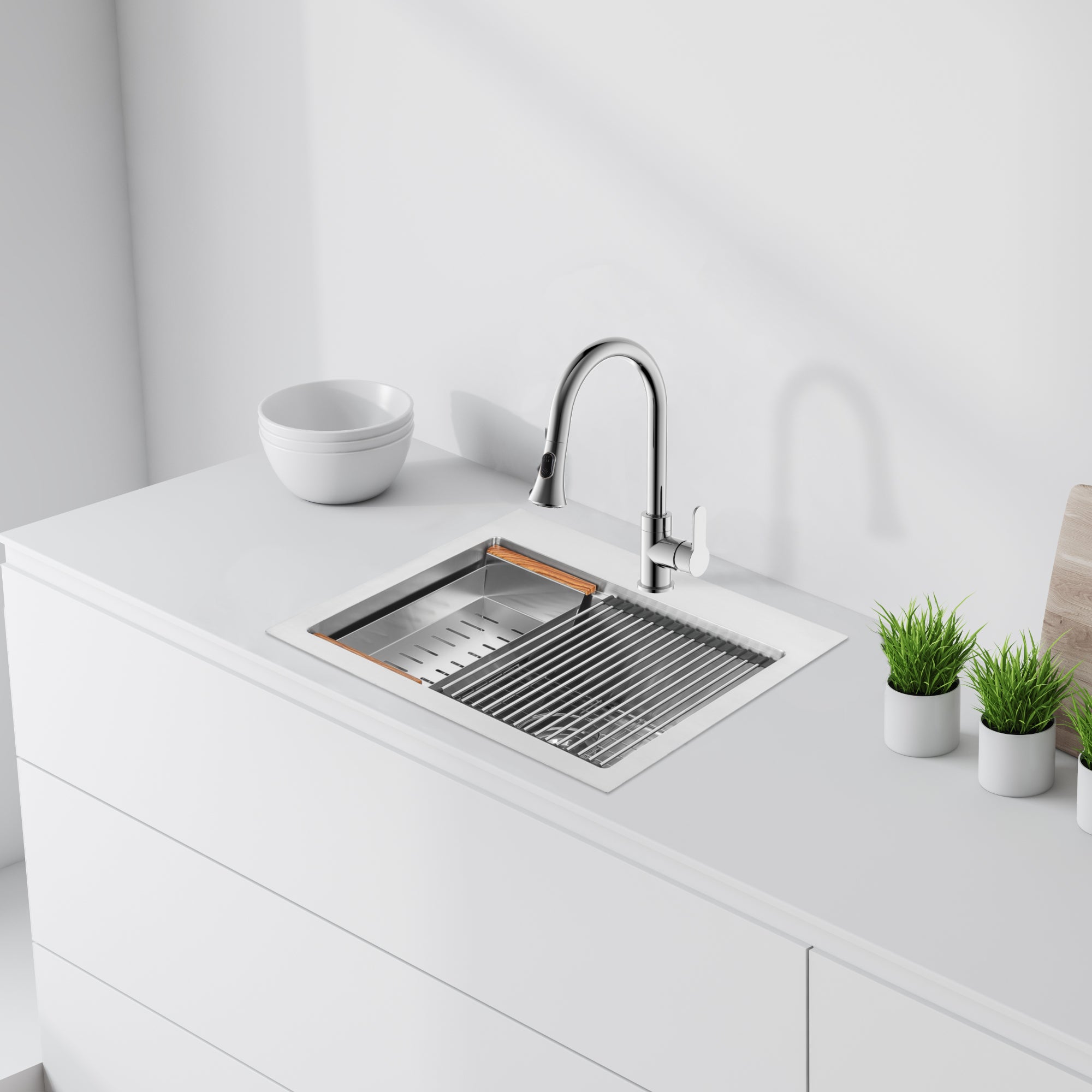 Ancona 25-Inch Handmade Drop-In Single Bowl Workstation Kitchen Sink with Accessories - Satin Stainless Steel for Modern Home & Restaurant Use