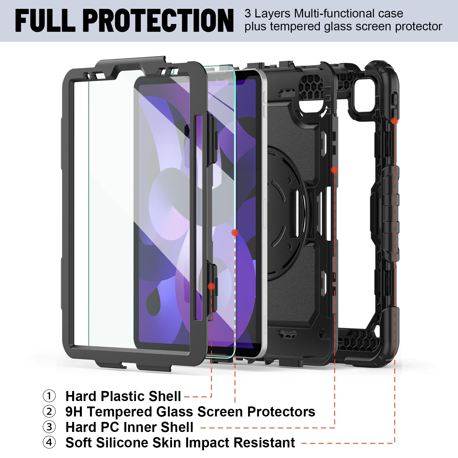 Premium iPad Air 5/4 (10.9'' 2022/2020) & iPad Pro 11 (2021/2020/2018) Protective Case - Shockproof Full-Body Cover with 9H Tempered Glass Screen Protector, 360° Rotatable Kickstand & Hand Strap | Perfect for Kids, Travel, Work & Home Use (Black)