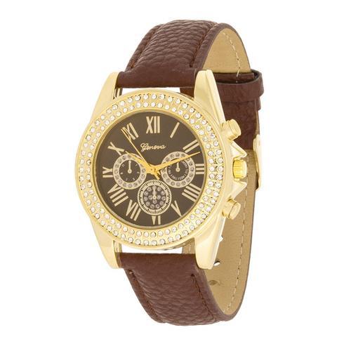 Luxury Brown Leather Watch with Swarovski Crystals - Elegant & Stylish for Men & Women - Perfect for Formal Events, Business Meetings & Special Occasions