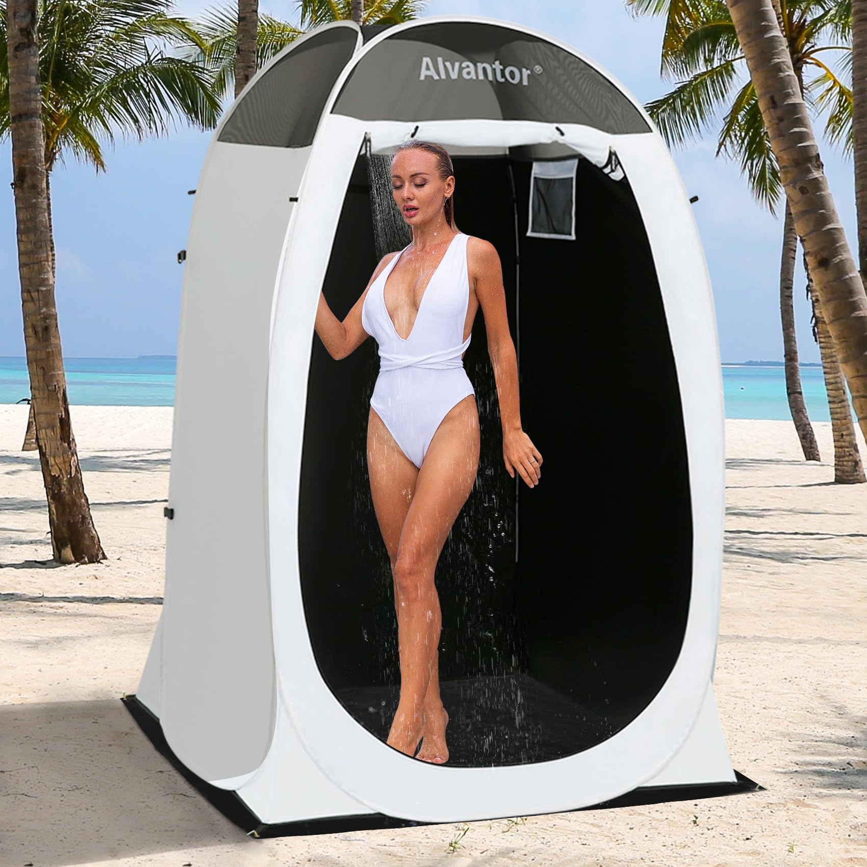 Alvantor Pop Up Shower Tent - 4'x4'x7' Portable Outdoor Changing Room for Camping, Beach & Hiking - Waterproof Teflon Coated Privacy Shelter with Dressing Area - Perfect for Outdoor Bathroom, Toilet & Changing (White, Patent Pending)