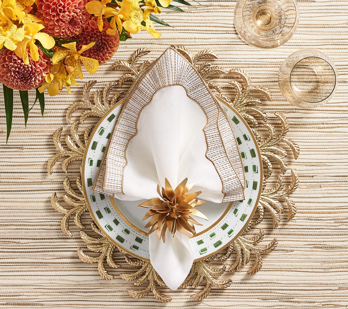Gold Palmera Charger Plates - Set of 4 for Elegant Dinner Parties, Wedding Decor & Formal Table Settings
