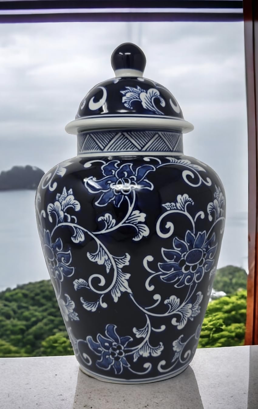 Festcool 12.5 Inch Blue and White Porcelain Floral Temple Ginger Jar Vase - Qing Dynasty Style Decorative Vase for Home Decor, Living Room Centerpiece, Asian-Inspired Interior Design