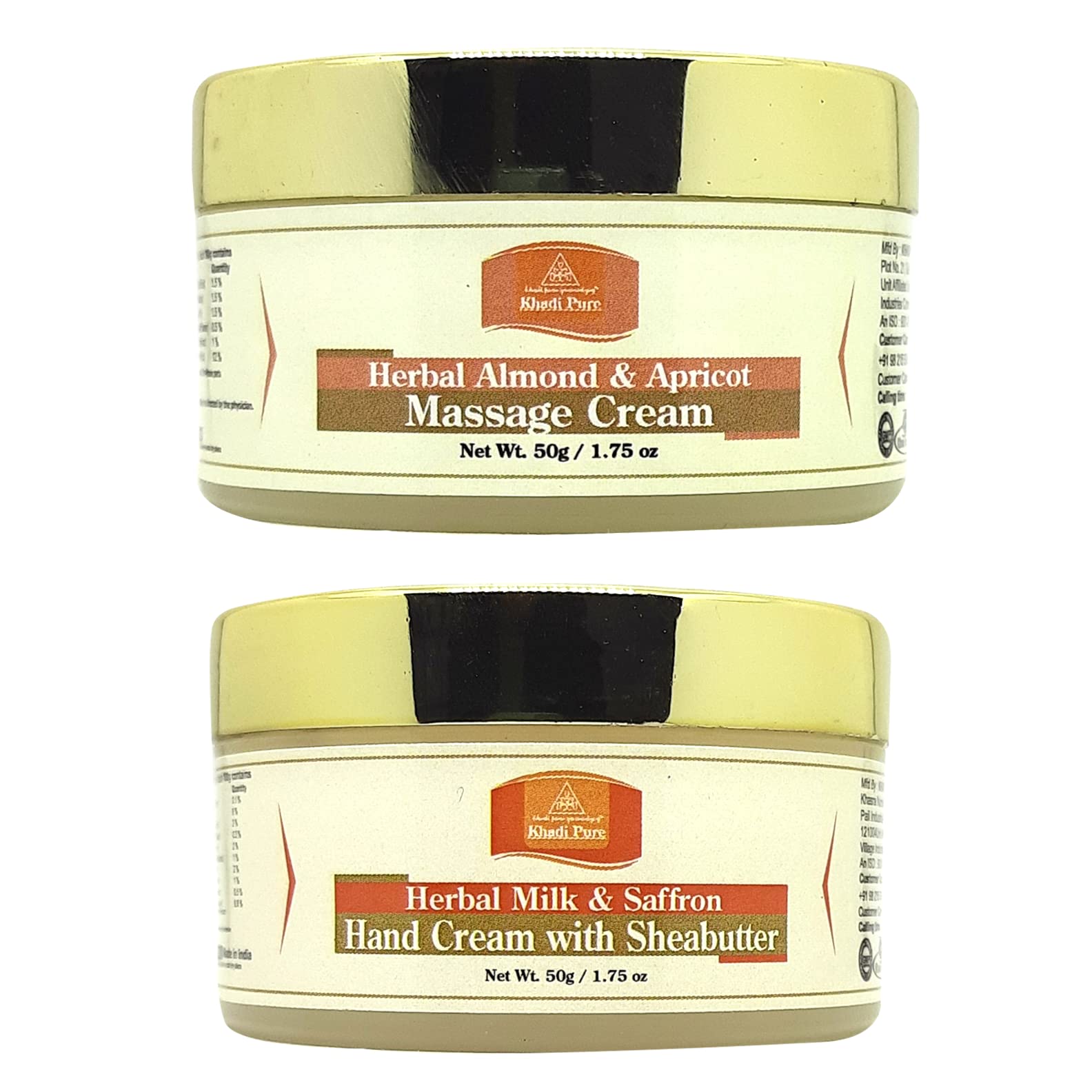 Khadi Pure Almond Apricot Massage & Milk Saffron Herbal Hand Cream - 50g (Pack of 2) - Moisturizing & Nourishing for Dry Skin - Perfect for Daily Use, Travel & Gifts
