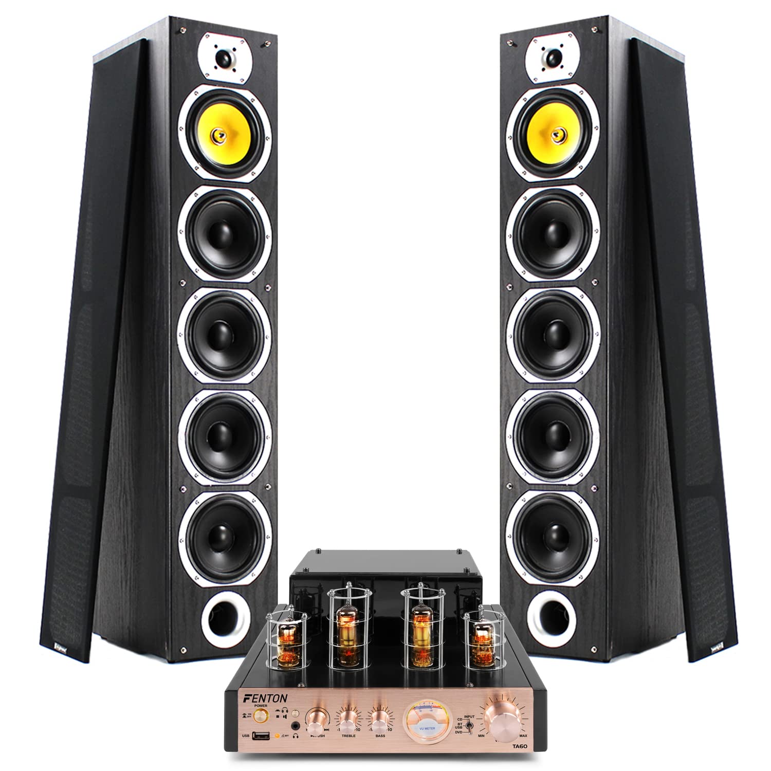 Premium Fenton Tower HiFi Stereo System with Bluetooth & Valve Amplifier - 2x SHFT57B Floor Standing Speakers, USB Playback - Home Theater & Music Listening Bundle (Black) - Perfect for Living Room Audio & Party Entertainment
