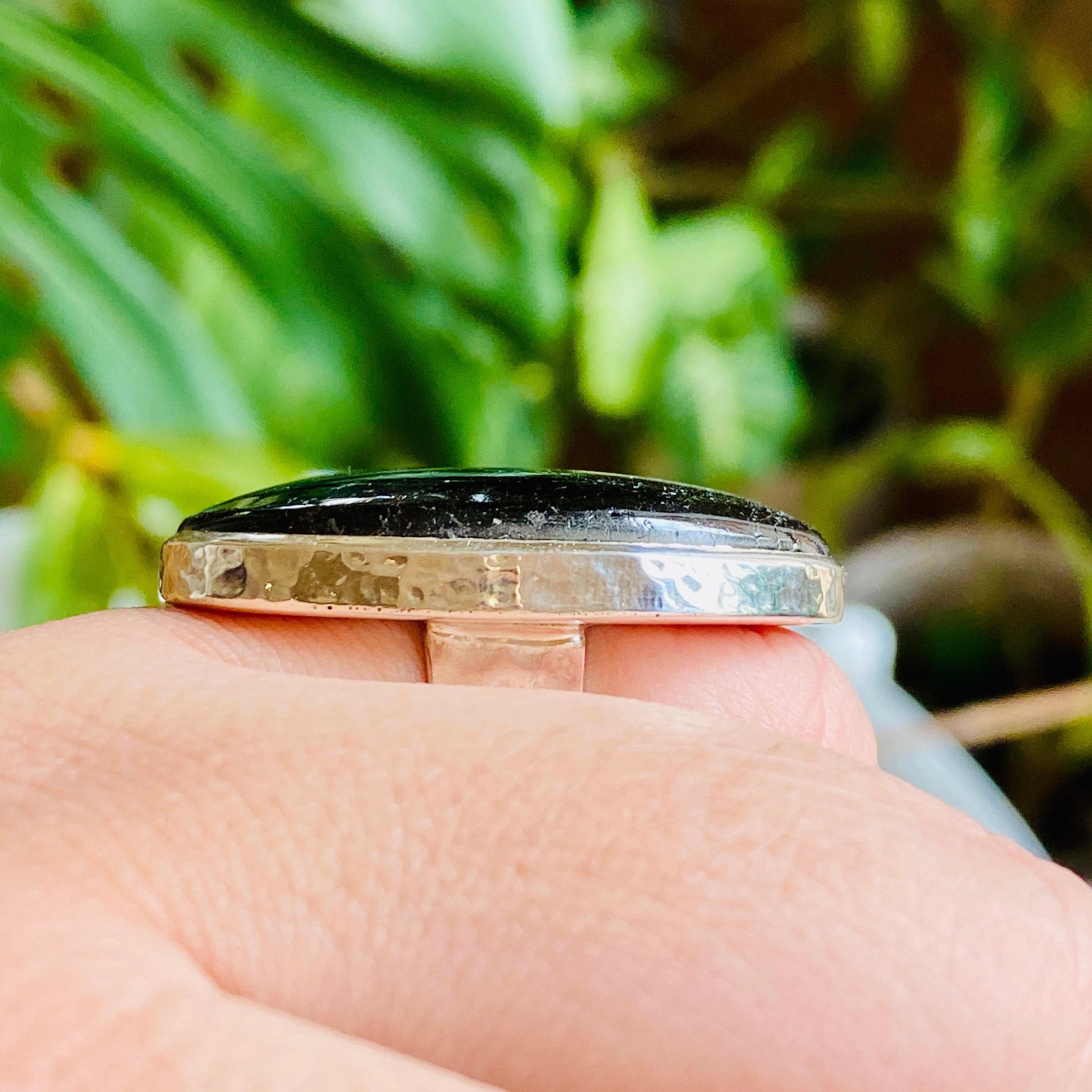 Black Tourmaline Oval Beaten Band Ring - Size 11 KRGJ2253 | Handmade Boho Jewelry for Women, Men | Perfect for Spiritual Healing, Meditation & Everyday Wear