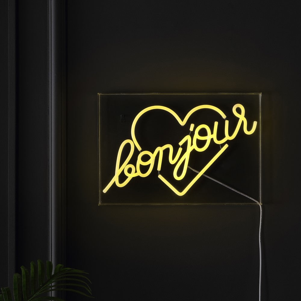 Bonjour Heart Acrylic LED Neon Light - USB Powered, Modern Glam Decor for Bedroom, Bar, Wedding & Party Lighting