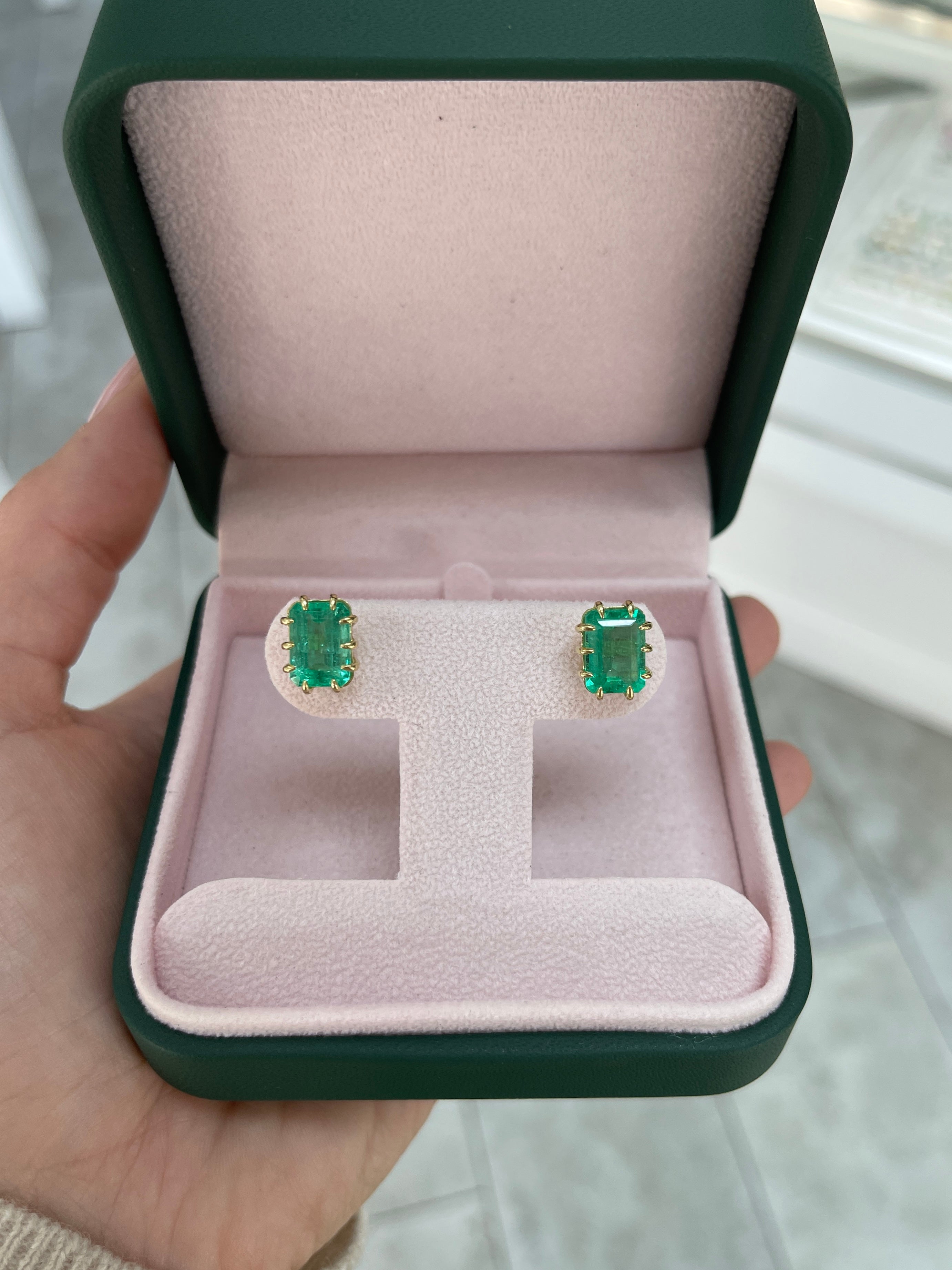 6.24tcw Colombian Emerald Multi-Prong 18K Gold Statement Stud Earrings for Women - Elegant Jewelry for Parties, Weddings & Special Occasions