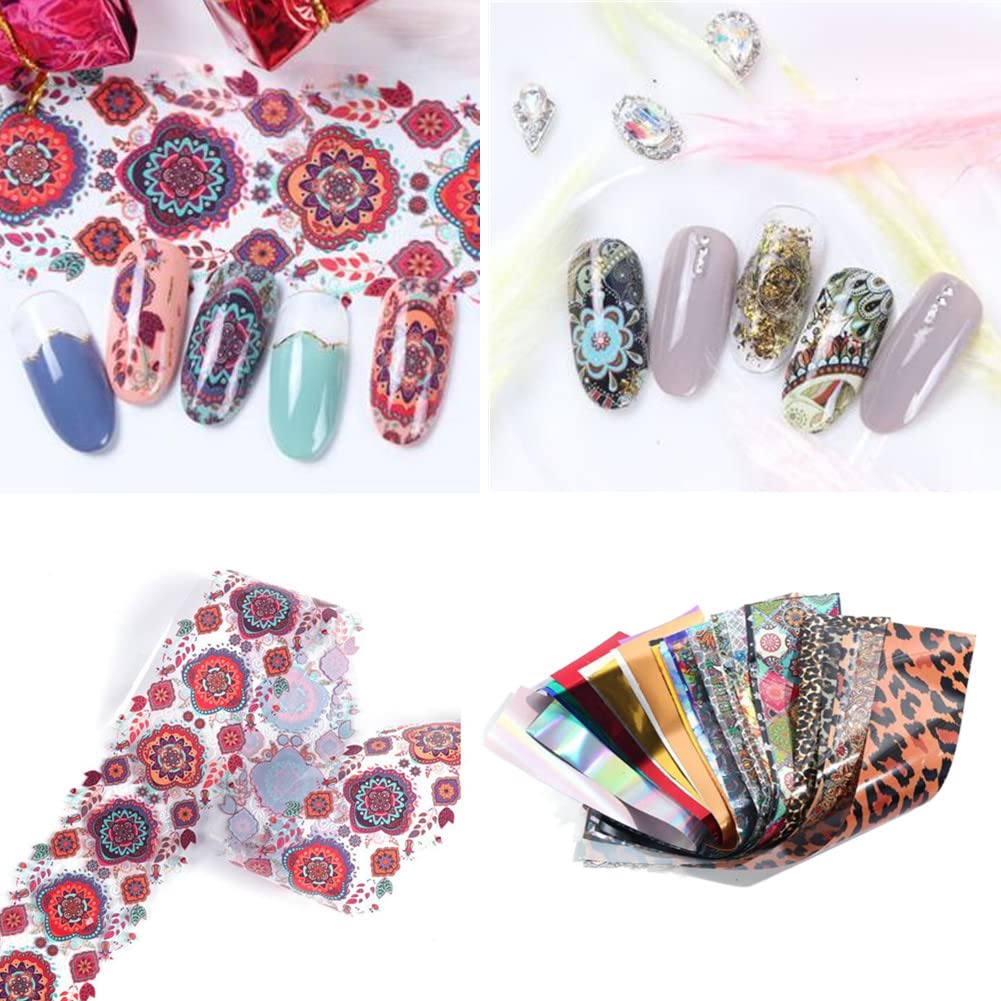 50 Sheets Nail Art Foil Transfer Stickers - Laser Flower & Leopard Print Holographic Nail Decals for DIY Manicure | Starry Sky & Metallic Designs | Perfect for Home Salon, Parties & Gift Giving