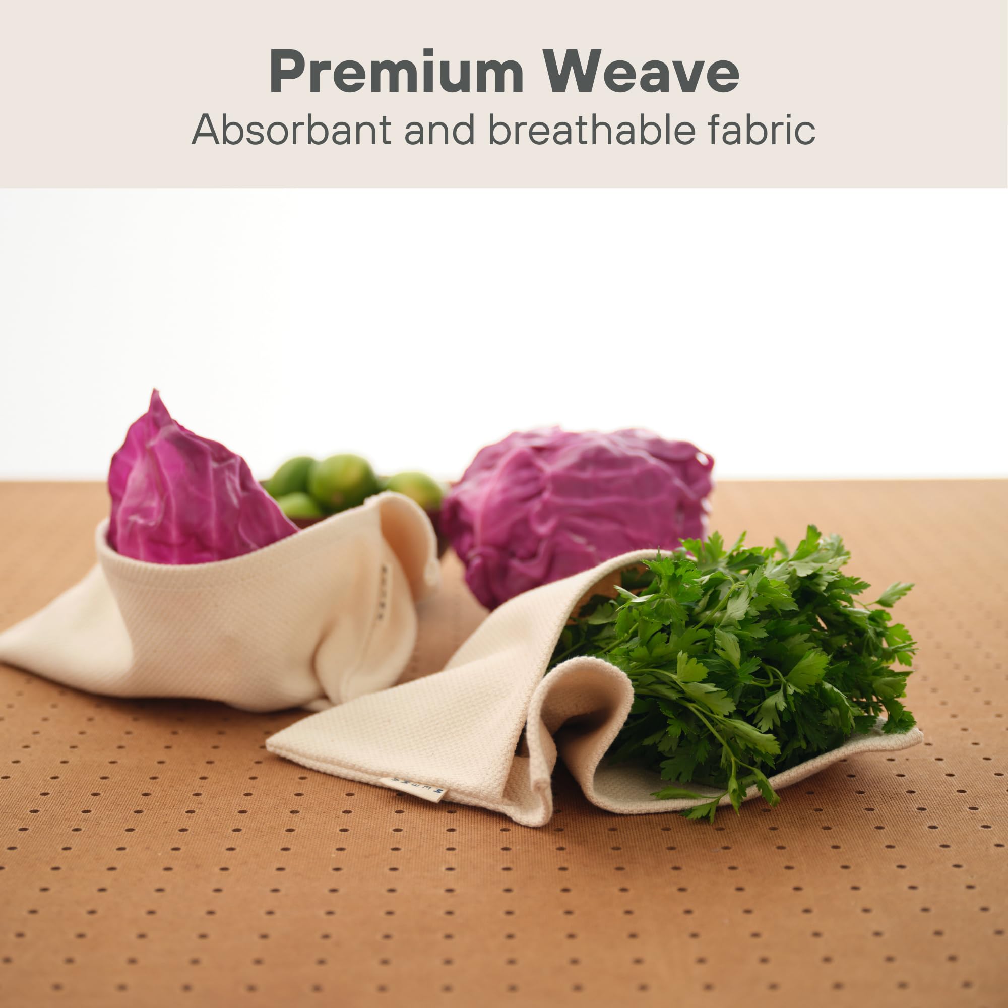 MEEMA Eco-Friendly Reusable Vegetable Crisper Bags - Organic Cotton Produce Storage for Refrigerator, Lettuce, Fruits & Veggies - Breathable Washable Food-Saving Bags (Set of 2) | Perfect for Fresh Food Storage, Grocery Shopping & Zero-Waste Kitchen
