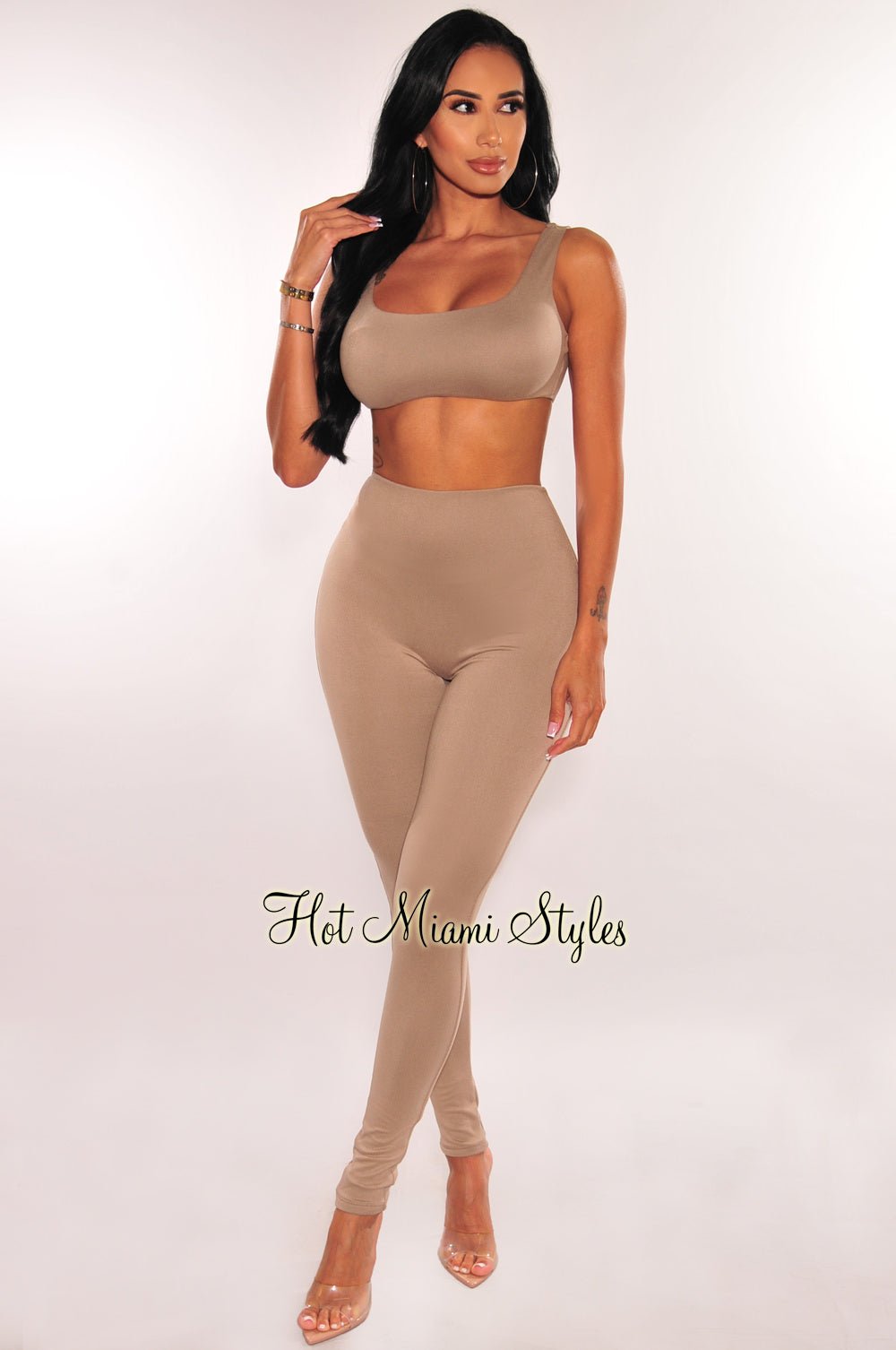 Mocha Crop Top & High Waist Leggings 2-Piece Set | Comfortable Workout Outfit for Yoga, Gym & Casual Wear