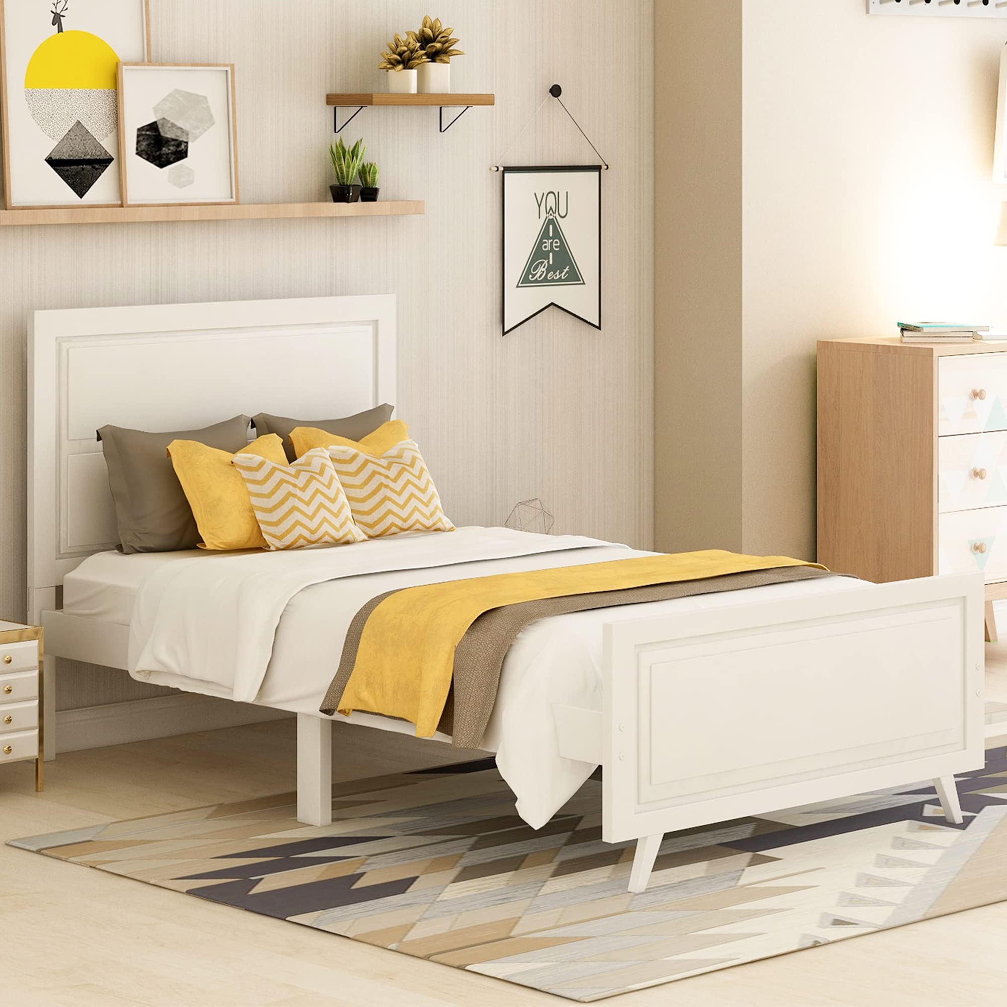 Merax Twin Size Wood Platform Bed Frame with Headboard & Footboard - Sturdy Wood Slat Support, No Box Spring Needed - White - Perfect for Kids Rooms, Guest Bedrooms & Small Spaces